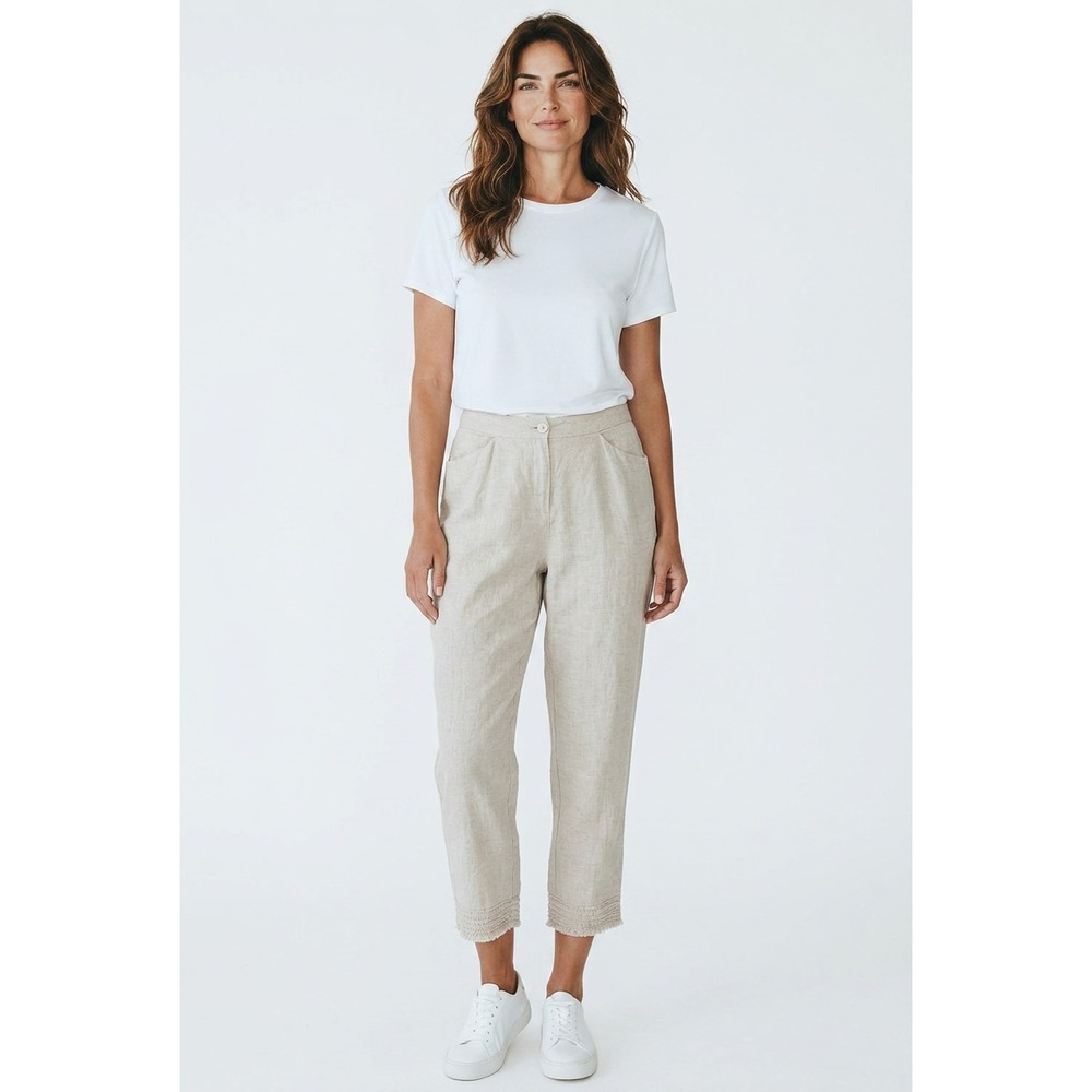 Chico's Oatmeal Beige Linen Blend Cropped Pants Size 2R US 12R‎ Elastic Waist